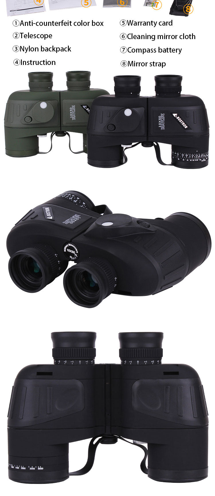 10X50 HD Binoculars - Military, Waterproof - With Internal Rangefinder and Compass